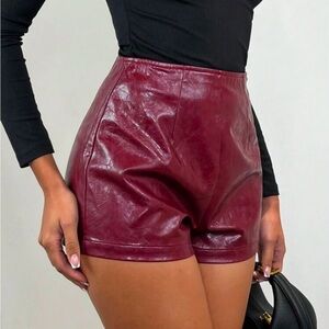 BNWOT Burgundy Versatile, Leather/PU Vintage Texture High-Waisted Mini Shorts